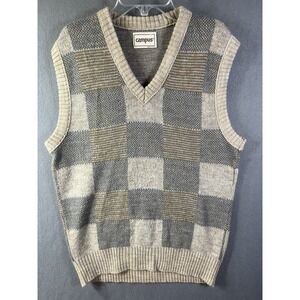 VTG Made In USA Campus Men's Plaid Tan Blue Wool Blend Sweater Vest L Academia